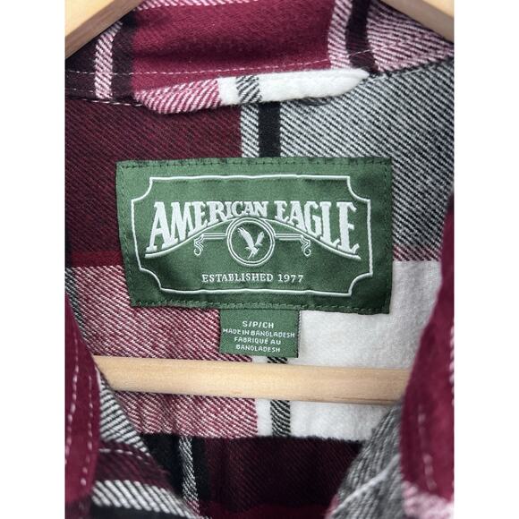 AEO Maroon Plaid Oversize Flannel Button Down Small - Picture 3 of 4